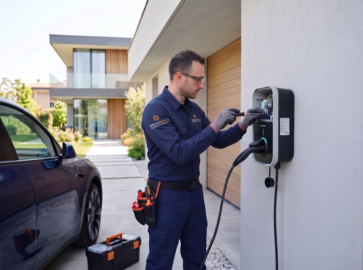 Installazione collaudata di una colonnina wallbox per auto elettrica con abito OfficineSolari.it