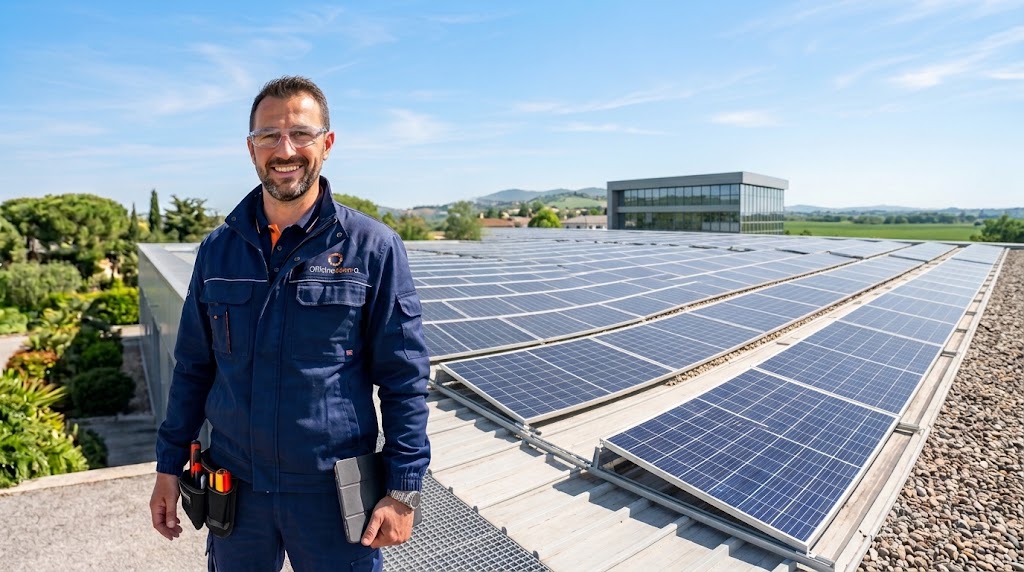 Tecnico professionista di OfficineSolari.it su impianto con divisa aziendale