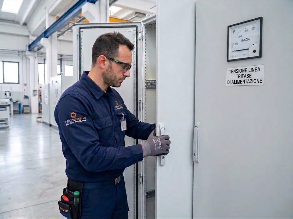 Elettricista professionista con divisa OfficineSolari.it al quadro elettrico generale industriale